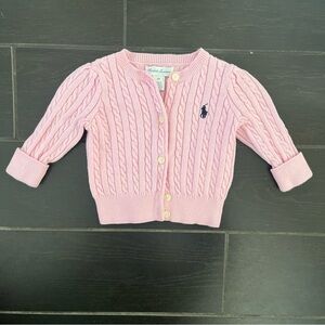 Ralph Lauren Pink Cardigan Sweater with Cable Knit and Long Sleeves